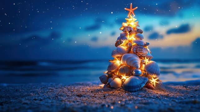 Seashell christmas tree on beach at dusk with starry sky in background