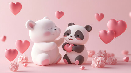 Obraz premium Playful white bear and panda couple with pink Valentine decorations, exuding warmth and affection.