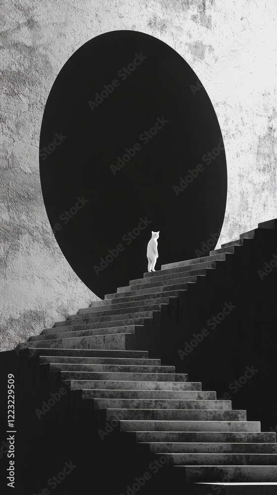 Poster a lone figure climbs a stairway, framed by a large circular void in the backdrop. this minimalist se