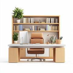 3D icon cartoon minimalist home office with a sleek desk and bookshelf isolated on a white background 