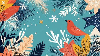 A Winter Scene Featuring A Bird Amongst Colorful Plants