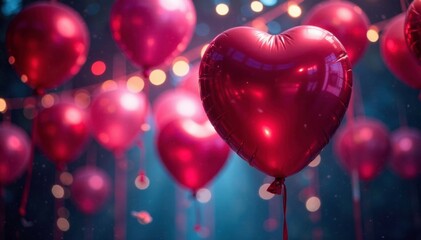 Red and pink metallic balloons suspended in mid-air near fairy lights, metallic, pink, glow