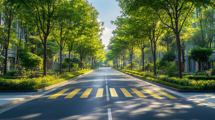 Lush Green Tree-Lined Urban Street with Bright Yellow Crosswalks