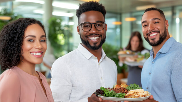 Happy business people holding healthy food during company lunch break