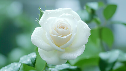 White rose blooming in garden with water drops