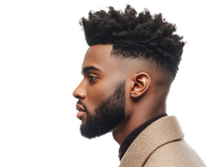 Obraz premium A Stylish Young Man with Trendy Hair and a Neatly Trimmed Beard Poses Confidently in Profile Against a Crisp White Background.