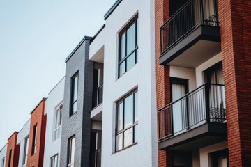 Naklejka premium Modern apartment building showcasing contemporary architecture with colorful brick and sleek design in a lively urban neighborhood during a clear day