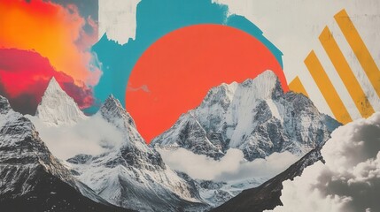 Vibrant sunset over stylized mountains landscape.