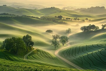 Misty morning in rolling green hills
