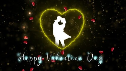 Romantic Couple Silhouette in Love-Themed Video with Glowing Effects, Falling Petals and "Happy Valentine Day" Text - Powered by Adobe