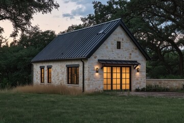 Charming small house with modern design situated in lush greenery during twilight hours, showcasing warm lights illuminating the front