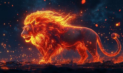 Fiery Lion with Glowing Mane in a Dramatic Night Scene