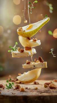 A levitaion scene of a goat cheese, a pear, microgreens, wallnuts and honey, forming a separated leyers of a canape snack with bokeh background.