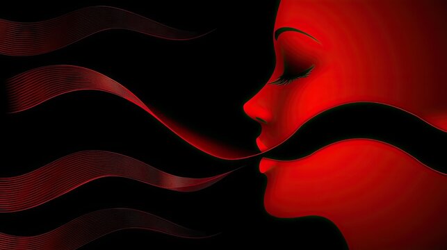 Red woman breathes abstract wave, dark background, music album cover art