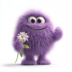 Fototapeta premium 3D icon cartoon of a fluffy purple monster holding a flower, isolated on a white background