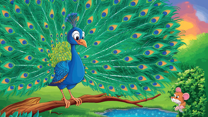 Colorful Illustration of a Peacock With Vibrant Tail Feathers on Light Background