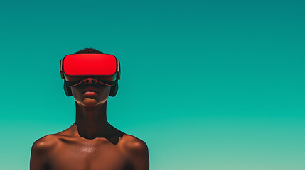 young boy wearing red vr headset under bright sky