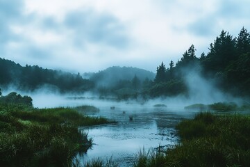 Misty morning lake serene nature scene