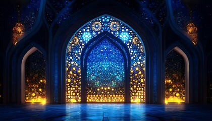 Obraz premium Luminous Islamic archway with intricate blue and gold mosaic.