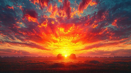 Fototapeta premium Fiery sunset over field, colorful clouds. Use Calming background