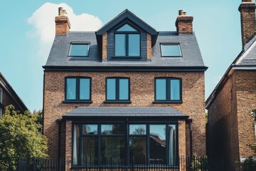 Fototapeta premium A contemporary brick house featuring expansive windows is nestled amid lush greenery, creating a picturesque scene in a tranquil suburban neighborhood on a bright sunny day