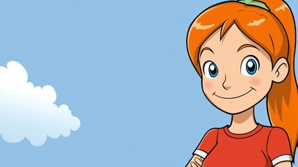 Girl smiling, outdoors, summer sky, cloud. Ideal for children's books