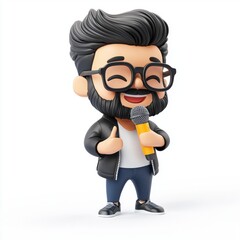 3D icon cartoon influencer with a microphone doing a live stream, isolated on a white background