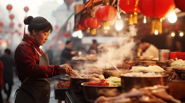 Naklejki Vibrant street food market in China with a woman preparing a hot pot surrounded by fresh ingredients and traditional Chinese red lanterns.