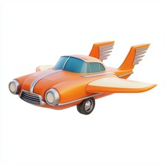 3D icon cartoon of a retro-style flying car with wings, isolated on a white background 