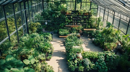 Lush greenhouse filled with diverse indoor plants in natural light