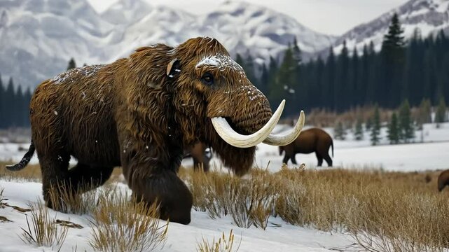A mammoth walks through a snowy landscape with mountains in the background.