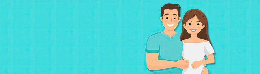 Obraz premium Happy couple expecting, teal background, family announcement