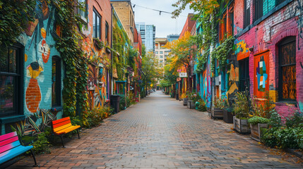 Fototapeta premium Colorful Urban Alleyway with Vibrant Street Art and Greenery