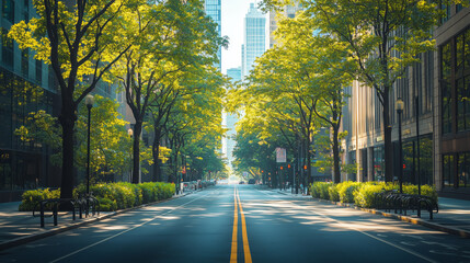 Serene City Street with Lush Green Trees and Sunlight Through Canopy