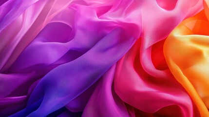 Obraz premium Colorful flowing silk fabric in vibrant shades of purple, pink, and yellow creating a soft texture