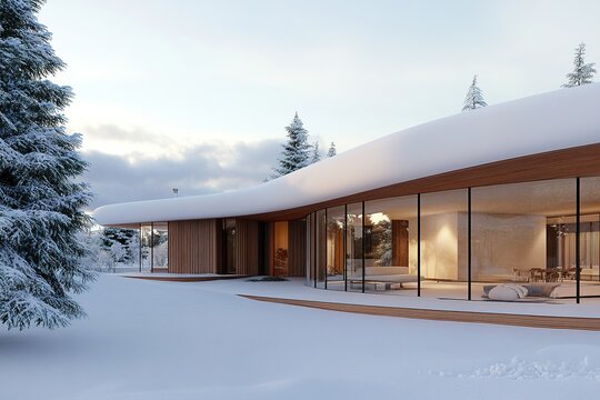 Modern winter cabin surrounded by snow and evergreen trees in a serene landscape