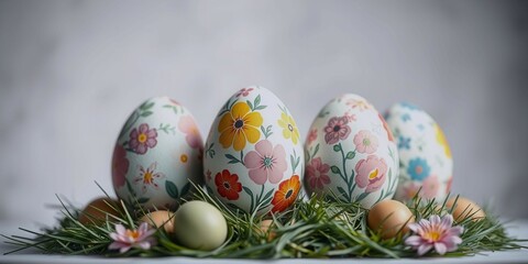 Fototapeta premium Four painted eggs with flowers on them are arranged on a grassy surface. The eggs are placed in a row, with one on the left, one in the middle, and two on the right