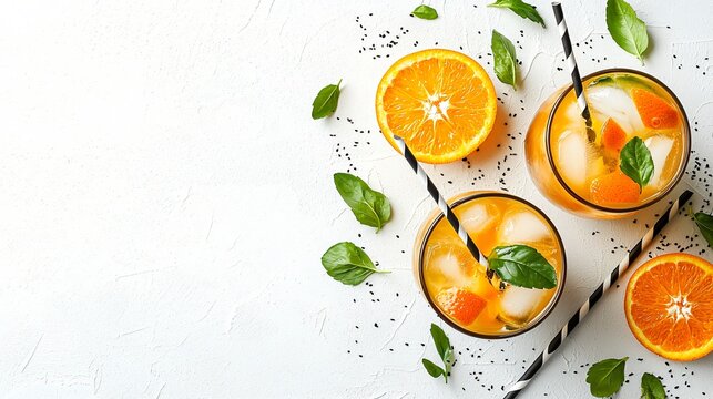 Refreshing orange basil drinks, summer recipe, white background, food photography, ideal for menus