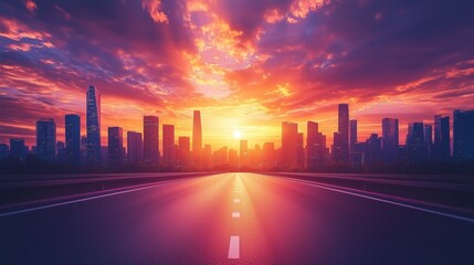 Obraz premium Vibrant Sunset Over City Skyline with Open Road Leading Forward