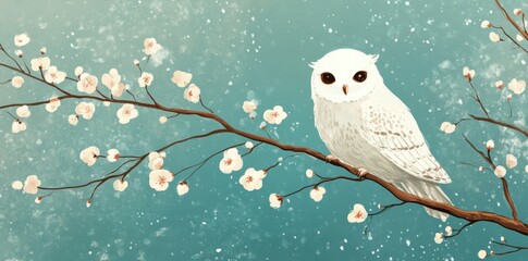 Snowy Owl Perched on a Blossoming Branch in Winter