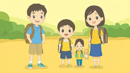 Happy family hiking adventure, scenic background, family vacation