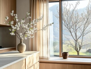 A vase with flowers on a counter next to a window. The window has a view of a tree