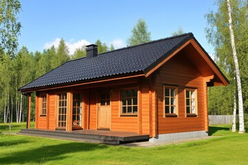 Obraz premium Nestled in a peaceful rural landscape, this charming wooden house is enveloped by vibrant green grass and towering trees, basking in the warm sunlight