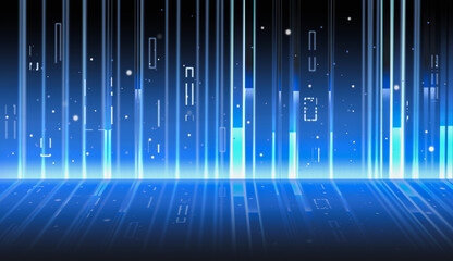 Blue glowing rectangle lines and light rays on dark background. Big data, science, technology, virtual interactions illustration backdrop