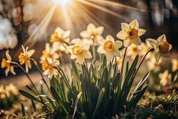 Obraz premium Radiant bloom vibrant daffodils bathed in sunlit glow image.