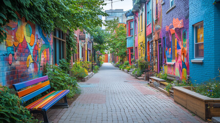 Fototapeta premium Colorful alley with vibrant murals and artistic benches in urban setting
