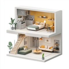 3D icon cartoon of a small apartment cutaway with a minimalist design, isolated on a white background 