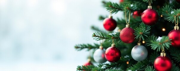 Red and silver spherical ornaments on an evergreen tree against a white snowy backdrop, shiny ornaments, evergreen tree, festive decor
