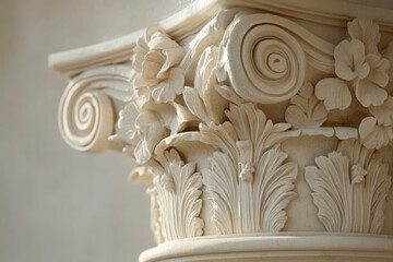 Naklejka premium Intricate stone capital adorned with floral and scroll motifs, showcasing classical architectural design.