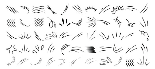 Abstract line movement elements in dynamic vector designs. Featuring curved, wavy, and flowing lines, these black sketch strokes depict energy and motion, ideal for animation, design accents